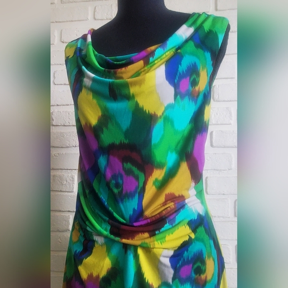 Calvin Klein Watercolour Abstract Art Sleeveless Ruched Sheath Dress Size 10 - Picture 9 of 14